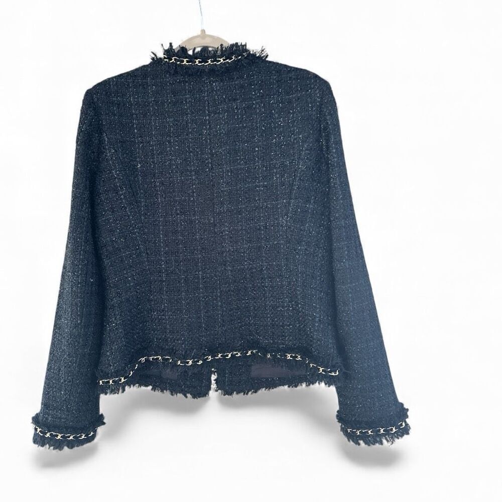 Boston Proper Women's Parisian Tweed Shimmer Chain Fringe Jacket Navy Gold Sz 12 - Picture 4 of 9